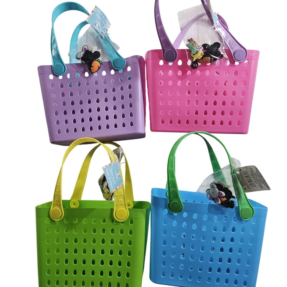 4X VIRAL EASTER MINI BOGG‎ TOTE BASKETS BLUE, GREEN, PINK, PURPLE W/ CHARMS